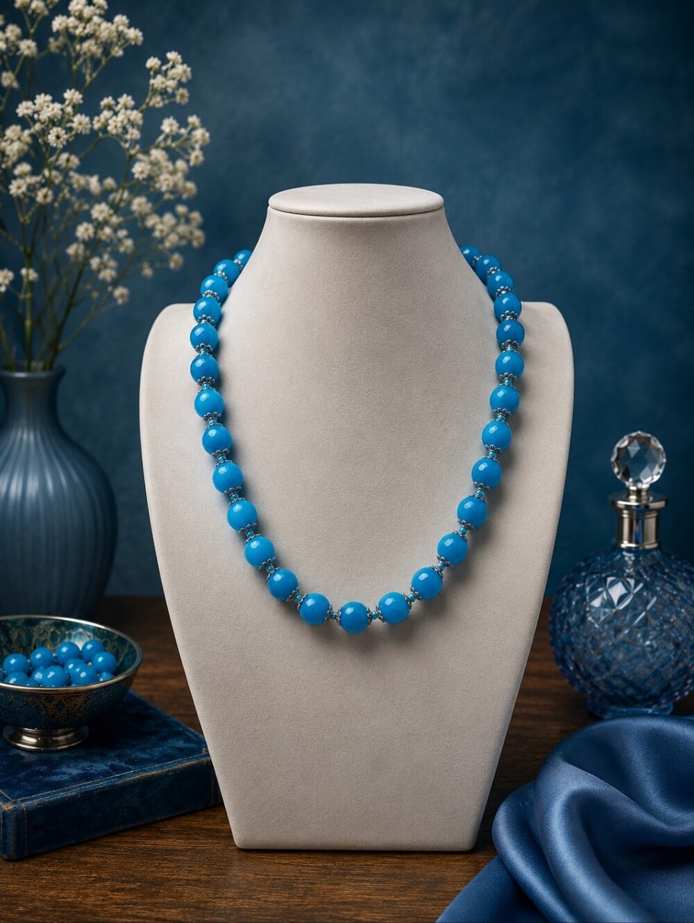 Aquamarine 12mm Hand Knotted Necklace 20” Silver Accent Caps Aprilsplace